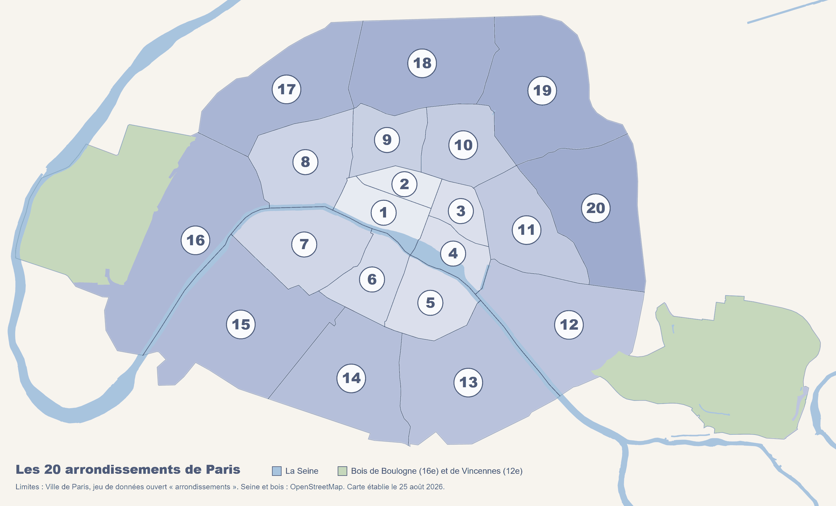 Carte des vingt arrondissements de Paris, avec la Seine et les deux bois