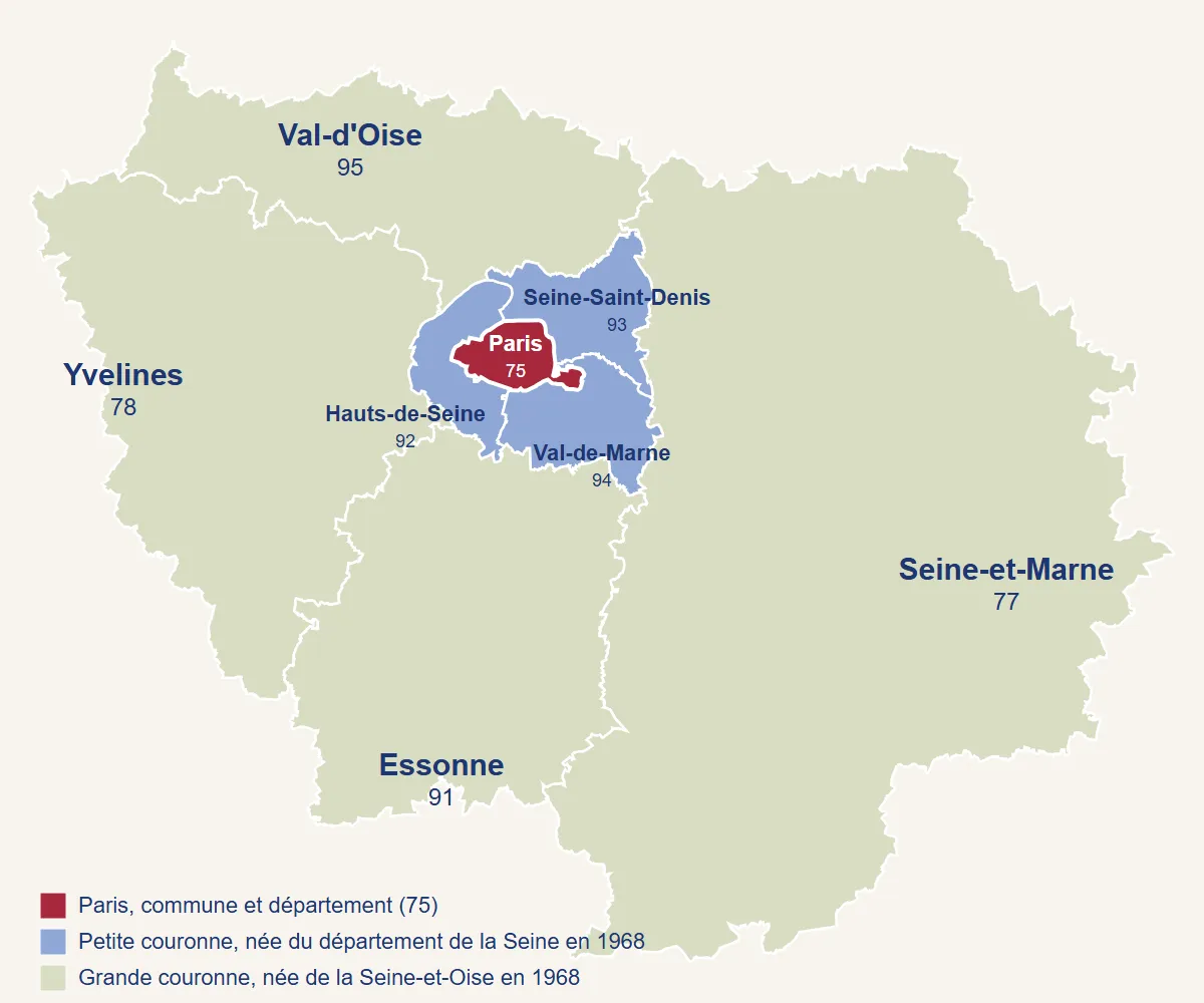Les huit départements d'Île-de-France, Paris au centre.