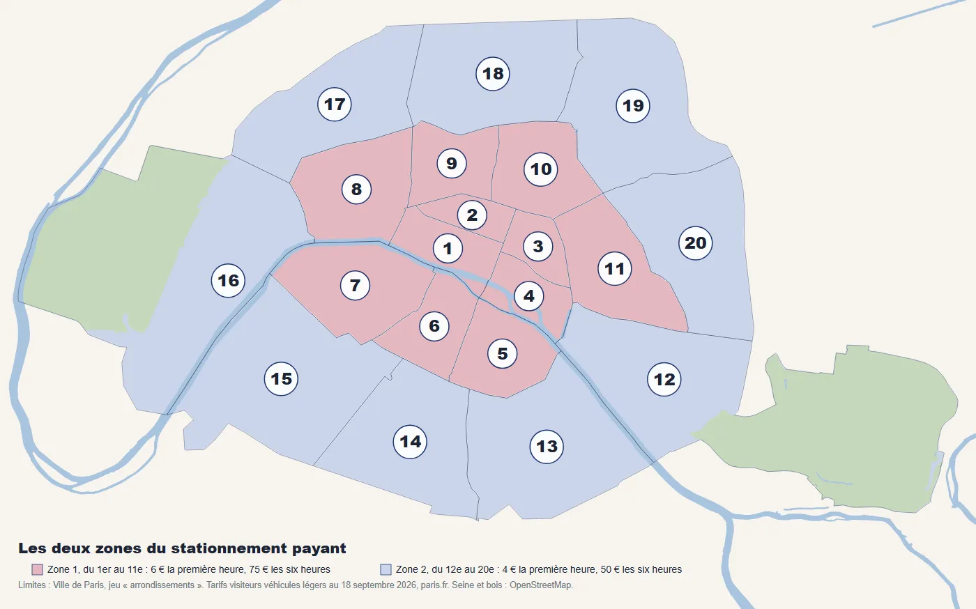 Les deux zones du stationnement payant à Paris.