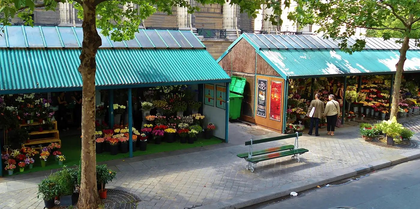 Des kiosques de fleuristes au toit vert, remplis de bouquets, au pied de l'église de la Madeleine